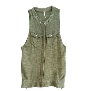 FREE PEOPLE LONG KNIT CARDIGAN VEST OLIVE SLEEVELESS SWEATER ZIP UP LAYERING
